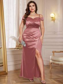 Plus Off Shoulder Spaghetti Straps Wrap Ruched Split Hem Satin Formal Evening Party Dress, Graduation Dress, Elegant Formal Prom Wedding Guest Gown, For Dinner, Homecoming - Dusty Pink - View 3