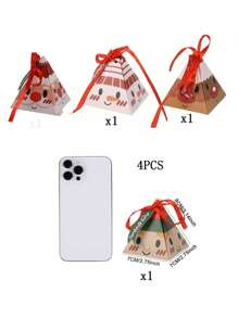 12/4pcs Christmas Cartoon Printed Triangle Gift Box Birthday And New Year Party Companion Gift Box With Ribbon Hang Tag