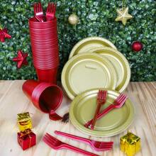 Disposable Christmas Kit Dessert Fork Plate Cup Complete 50 Decoration Christmas Ornaments - 金色和紅色 - 查看 1