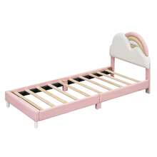 okwish lit enfant okwish 90x200cm, 140x200cm, lit simple, lit d'adolescent, lit rembourré, forme unique, tête de lit nuage arc-en-ciel, sommier à lattes en bois massif, PU, ​​rose (sans matelas)