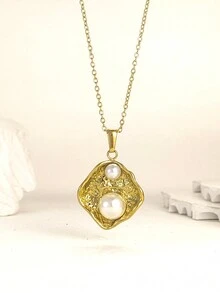 1 件波西米亚风格女士项链，3D 铃铛花和贝壳形状，18K 镀金不锈钢和人造珍珠材质，颜色持久，防过敏，适合日常佩戴和送礼 - 彩色 - 查看 17