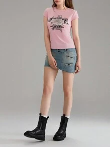 Womens Casual Short Sleeve T-Shirt Vintage Printing Round Neck Exposed Navel Slim Fit Tops - Hồng - Xem 4