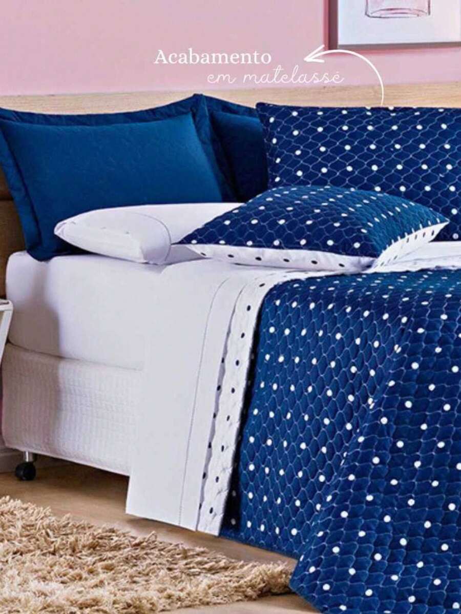 3-Piece King/Queen/Double/Single Bedspread In 200 Thread Count Percale Fabric And Quilted - Petit Poá - 藏蓝色 - 查看 1
