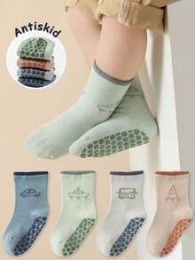 4 Cặp vớ cổ cao chống trượt họa tiết xe hơi hoạt hình cho bé trai, thích hợp để mặc hàng ngày, mọi mùa - Nhiều màu - Xem 1