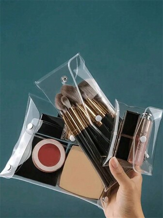 1Pc Clear Pvc Cosmetic Bag With Snap Buttons For Toiletries, Small Items, Lipsticks, Travel Accessories, Girls' And Ladies' Pencil Case Makeup Bag Makeup Pouch Skincare Bag Makeup Bags Makeup Organizer Make Up Organizer Makeup Storage