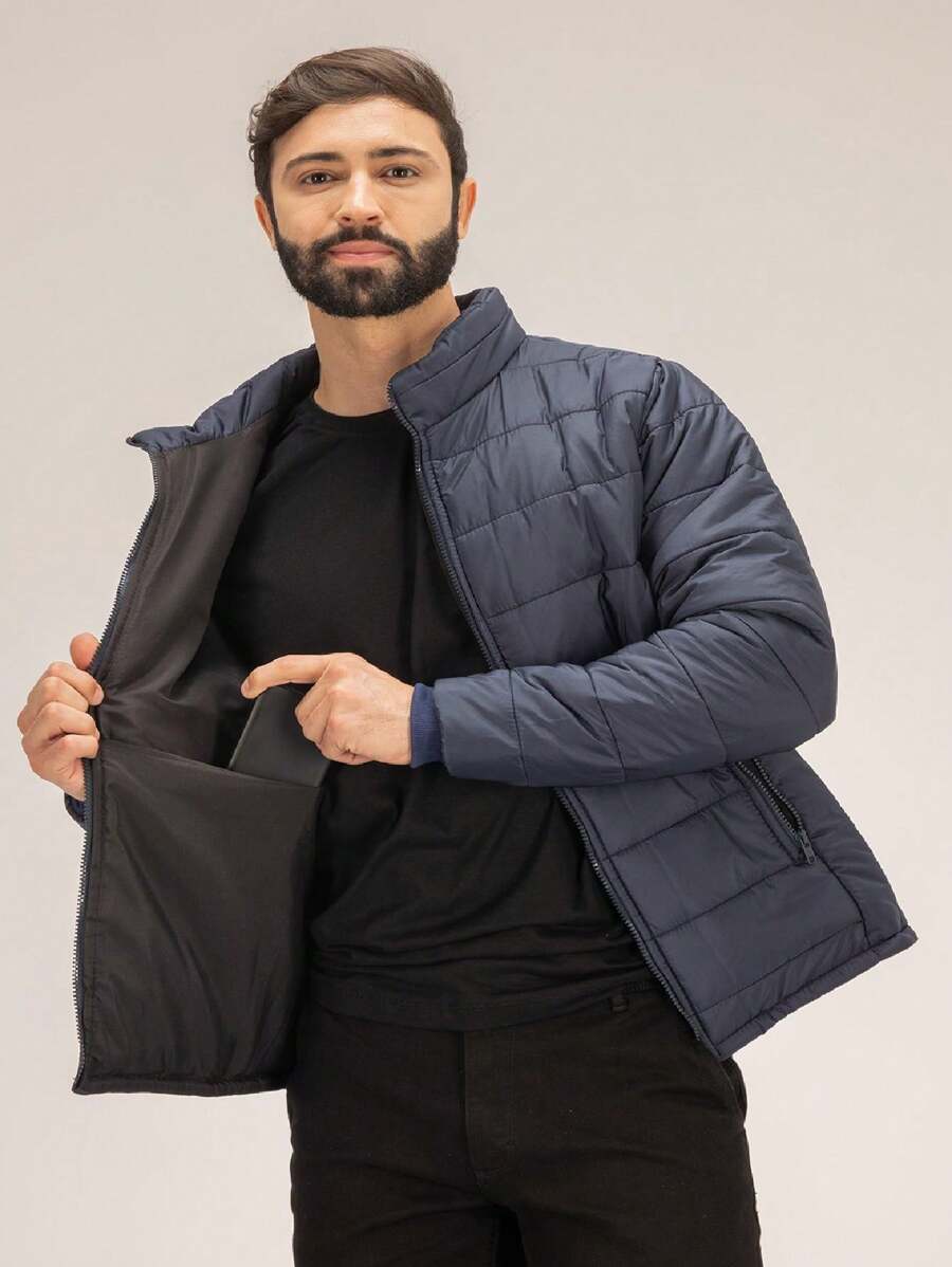 Bobojaco Masculino Jaqueta Puffer Gominho Forrada Sem Capuz Com Bolsos Para Frio Inverno Dia A Dia - Azul - Visão 1