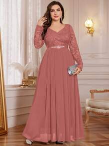 Plus V-Neck Floral Lace Contrast Chiffon Rhinestone Ribbon Waist Formal Party Long Dress, Wedding Guest Dress, For Birthday, Graduation, Homecoming - Dusty Pink - View 9