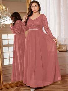 Plus V-Neck Floral Lace Contrast Chiffon Rhinestone Ribbon Waist Formal Party Long Dress, Wedding Guest Dress, For Birthday, Graduation, Homecoming - Dusty Pink - View 12