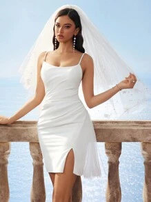 Women's Solid Color Spaghetti Strap Bodycon Minimalist Dress, Sexy Front Slit Short Dress, Suitable As Bridal Shower Dress Or Party Dress