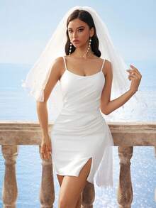 Women's Solid Color Spaghetti Strap Bodycon Minimalist Dress, Sexy Front Slit Short Dress, Suitable As Bridal Shower Dress Or Party Dress