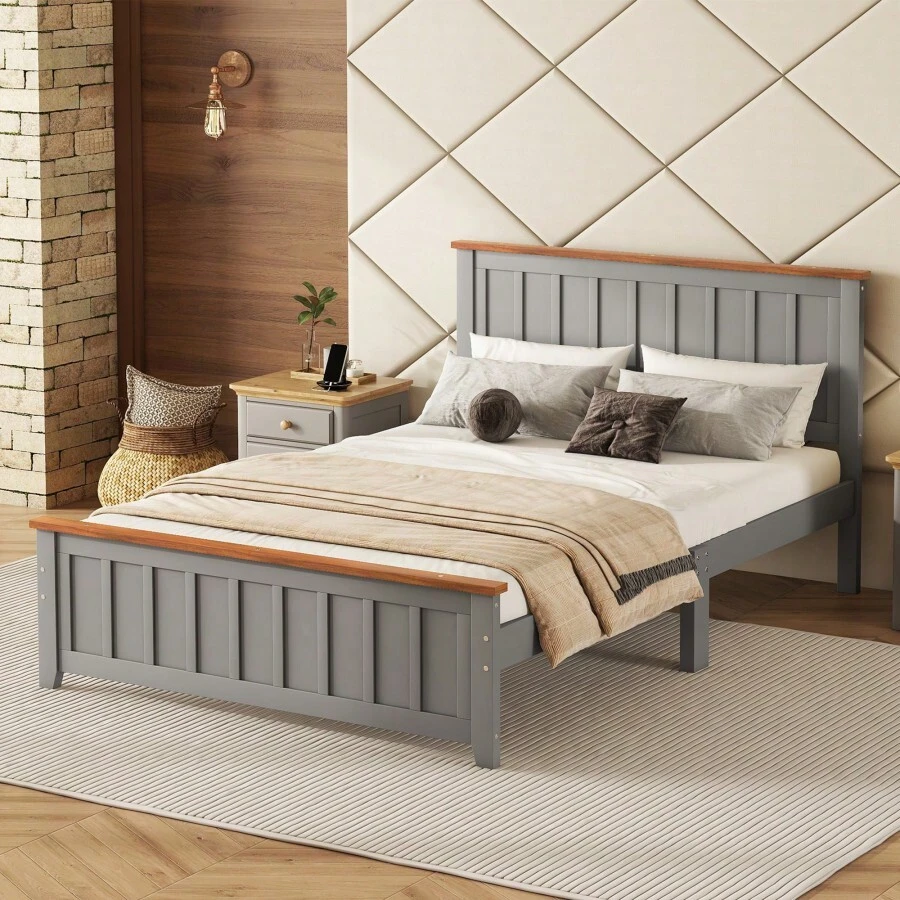 Full Size Wood Platform Bed Wooden Slat Support, Vintage Simple Bed