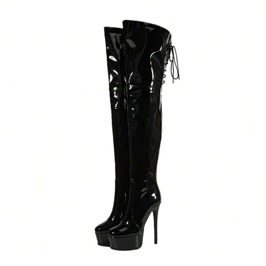 Sexy Pole Dance Over The Knee Boots For Women, Slim High Heels With Back Zipper, Size 48 Plus Boots - Black - View 1