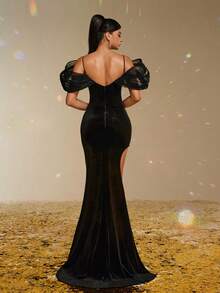 Smilprince Luxurious Black Velvet Slim-Fit High Slit Gown With Unique Mesh Structured Shoulders Formal Dresses For Women - Black - View 2