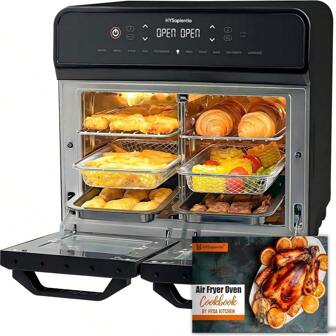 HYSapientia HYSapientia 22L Freidora de Aire Caliente 2 Cámaras, Freidora sin Aceite con Pantalla Táctil LED, Dual Zone Air Fryer Oven con 10 Programas, Airfryer xxl, Acero Inoxidable, Fácil de limpiar