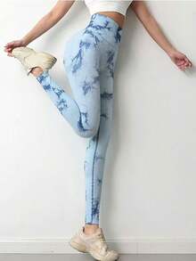 性感蜜桃臀瑜伽裤，无缝提拉紧身运动紧身裤，高腰压缩健身裤，适合运动、健身、跑步、锻炼 - 淺藍色 - 查看 5