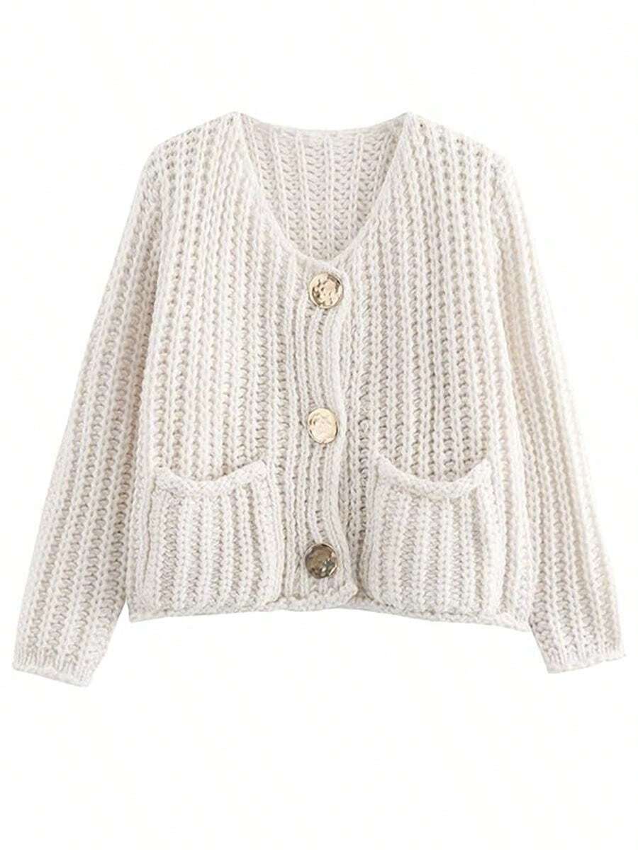 Womens Cropped Cardigan Sweater Button Down Chunky Knit Sweater Long Sleeve Fall Open Front Cardigan - 白色 - 查看 1
