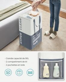 SONGMICS Grand Panier à Linge, 90L, Corbeille Linge 2 Compartiments, Tient Debout Tout Seul, Pliable, Double Poignée, pour Buanderie, Chambre, Salle de Bain, Bleu Foncé