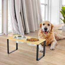 DDCAQIOUA Cat Bowl Dog Bowl, 15 Degree Angled Pet Bowl Holder, Pet Accessories Anti-Vomit Design, Dog Accessories, Adjustable Wooden Dog Bowl Holder, Cat Accessories, Border Collie Golden Retriever Teddy Dog Bowl With 2 Stainless Steel Bowls For Kittens And Puppies To Eat And Drink - 黃色 - 查看 6