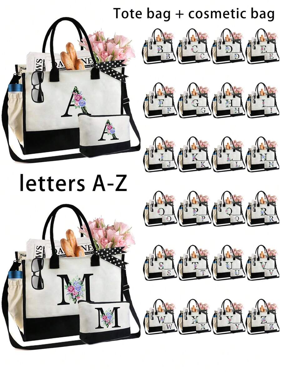 Túi Tote Chữ Hoa Và Túi Đựng Đồ Trang Điểm, Túi Xách Vải Bố Có Chữ Cái Đầu, Túi Đựng Mỹ Phẩm, Túi Quà Tặng Cá Nhân Hóa, Thích Hợp Cho Đám Cưới, Sinh Nhật, Bãi Biển, Ngày Lễ, Cặp Học Sinh, Là Món Quà Tuyệt Vời Cho Phụ Nữ, Mẹ, Giáo Viên, Bạn Bè, Phù Dâu, Học Sinh, Túi Lớn, Quay Lại Trường Học, Túi Xách Tay Đơn Giản Có Sức Chứa Lớn, Túi Tote Đựng Đồ Thường Ngày Di Động, Túi Mua Sắm Đa Năng, Thiết Kế Mới, Sức Chứa Lớn, Lý Tưởng Cho Việc Mua Sắm - Đen và trắng - Xem 1