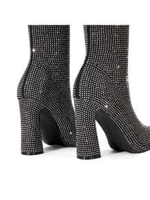 Women's Rhinestone Embellished Knitted Knee-High Boots Pointed Toe Fashionable Sexy Boots For Party, Holiday, Christmas - 黑色 - 查看 7