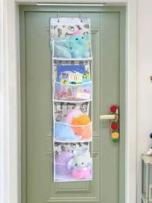 1个米色悬挂式收纳袋，可爱动物图案，6层房间收纳架，带透明网袋，可挂在门后；4层储物收纳架，适用于婴儿房收纳、娃娃架 - 彩色 - 查看 10