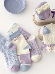 10 双女童草莓花卉图案针织透气中筒袜，四季休闲穿搭