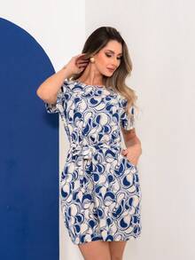 Short Printed Dress With Tie Belt - Blue and White - View 7