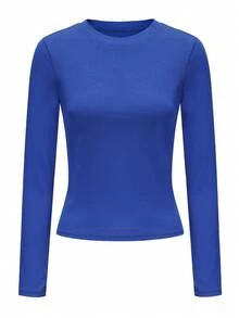 Körperbetontes langärmeliges Top, Damen dehnbares, bequemes Basisschicht-Shirt für Besatzung - Blau - Übersicht 2