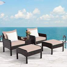 Lifezeal 5 PCS Patio Rattan Wicker Furniture Set Sofa Ottoman Coffee Table Cushioned Yard - 棕色 - 查看 4