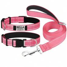 Reflective Dog Collar And Leash Set With Locking Buckle Personalized Nylon Pet Collars Adjustable For Small Medium Large Dogs, Custom Reflective Dog Collar With Name Plate - Pink - View 16