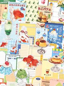 60pcs Japanese Style Text Graphic Kit, Showa Memorial Series, Scrapbooking & Journaling DIY Decorative Material Pack Back To School