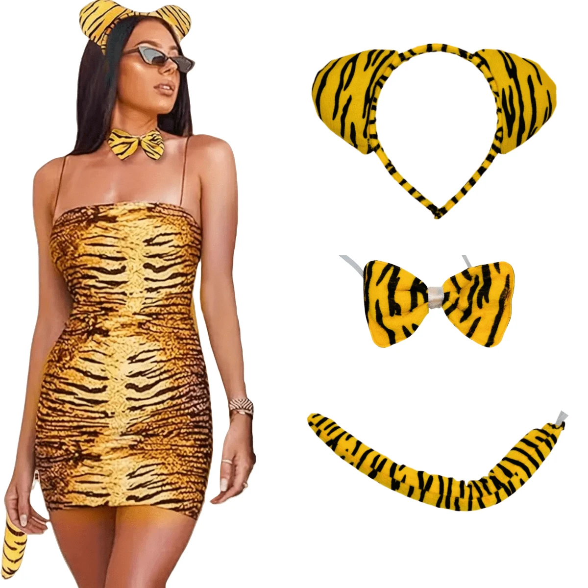 Bộ 3 phụ kiện trang phục báo hoa mai - Báo hoa mai/hổ/bò trưởng thành - Bộ tai/đuôi và nơ - Hoàn hảo cho đạo cụ tiệc tùng hoang dã - Một kích thước phù hợp với tất cả - Xem 1