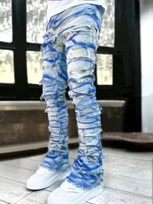 Modische kreative Fransen Batik Streetwear Jeans für Herren, Emo Stil - Mittele Waschung - Übersicht 3