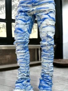 Modische kreative Fransen Batik Streetwear Jeans für Herren, Emo Stil - Mittele Waschung - Übersicht 4