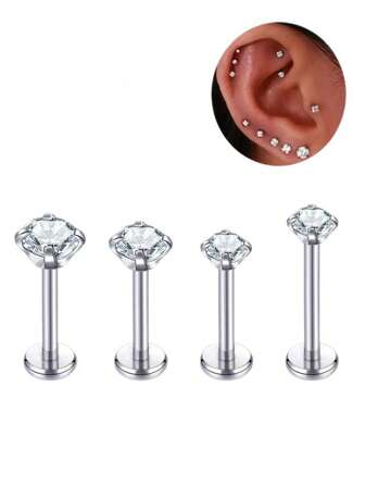 2st rostfritt stål invändig tråd Labret örhängen Piercing smycken CZ Brosk Helix Tragus näsörhängen för kvinnor läppstift