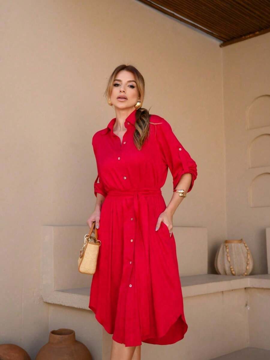 Women's Casual Dress With Belt And Buttons, 3/4 Sleeve - 紅色 - 查看 1