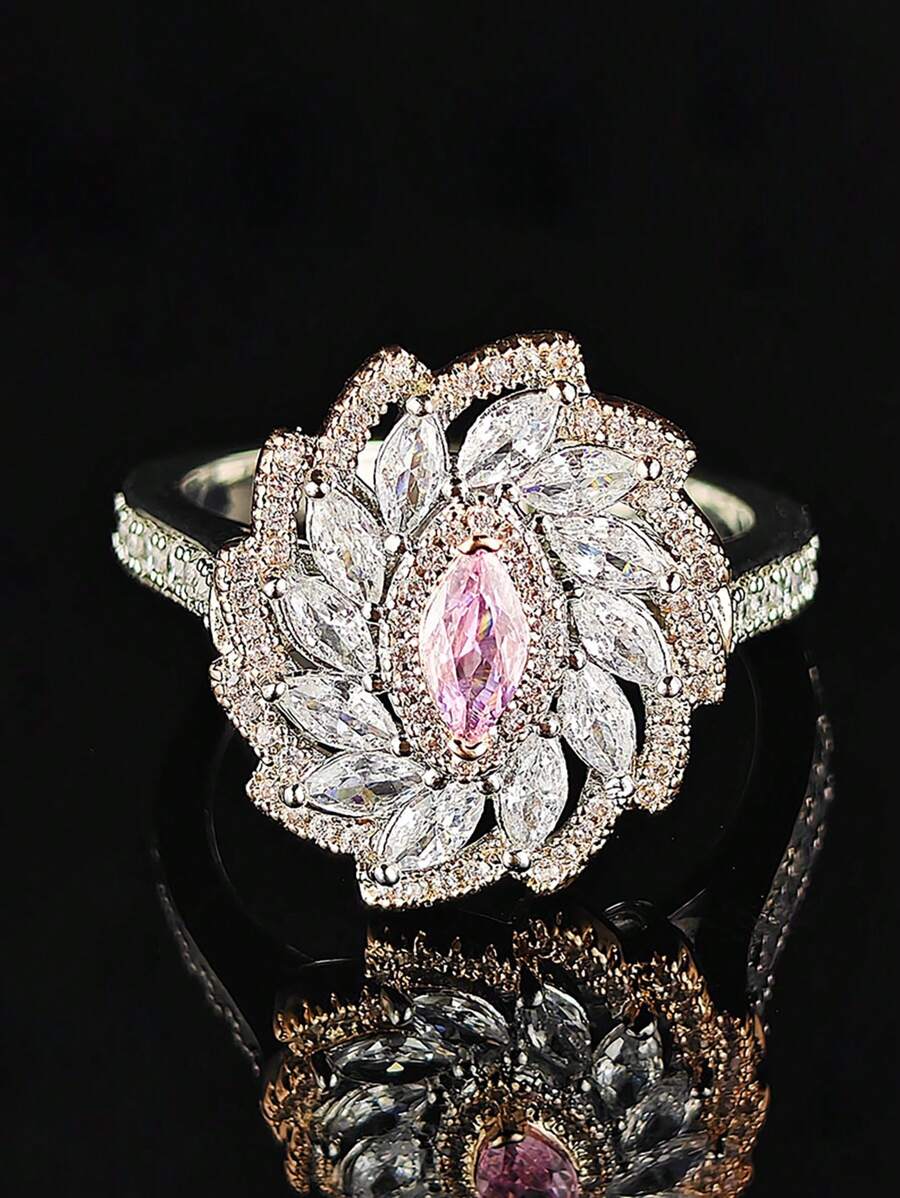 独特设计奢华镀银美观粉色方晶锆石订婚结婚戒指女士周年纪念礼物珠宝 Moonso R8449