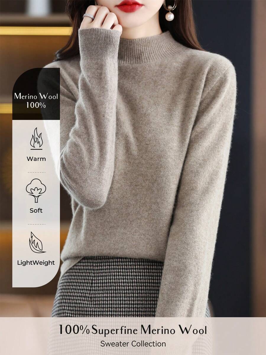 100% Merino Wool Women's Sweater Soft Warm Mock Neck Pullover Fall Winter Sweater One-Line Seamless Sweater