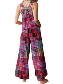 Overalls For Women Spring Summer Rompers Vintage Boho Floral Adjustable Straps Wide Leg Jumpsuits With Pockets - Red - View 10