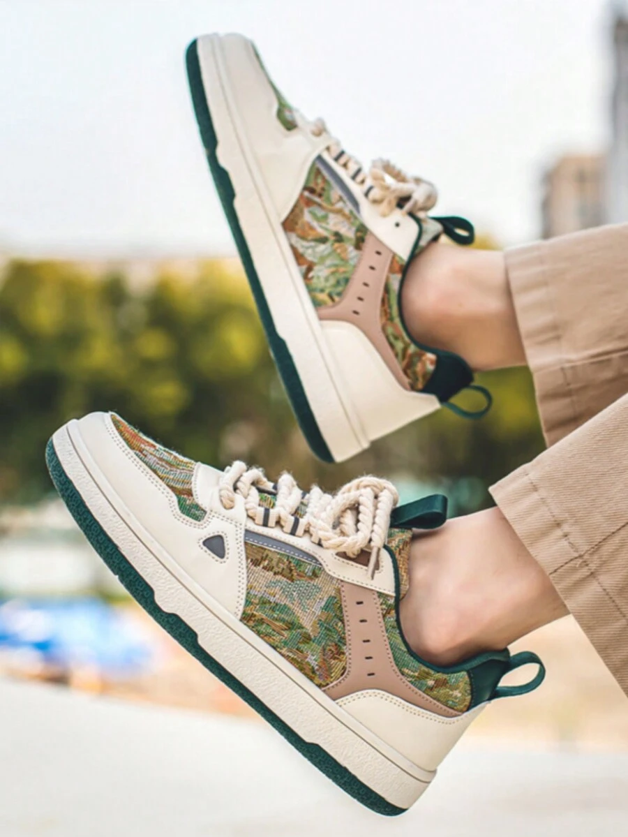 Giày thể thao đế dày chống trượt, thiết kế chắp vá buộc dây cho nam màu Khaki, giày thể thao cổ thấp phong cách đường phố ngoài trời hợp thời trang, dành cho các cặp đôi - Màu be - Xem 1