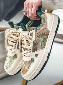 Giày thể thao đế dày chống trượt, thiết kế chắp vá buộc dây cho nam màu Khaki, giày thể thao cổ thấp phong cách đường phố ngoài trời hợp thời trang, dành cho các cặp đôi - Màu be - Xem 4