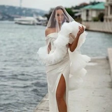 1 Pc Bridal Short Veil With Ruffled Multi-Layer Lace, White, Black Or Nude Tulle Puff For Photo Shoot