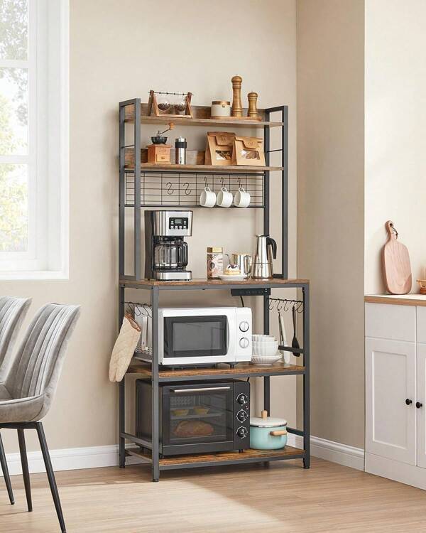 VASAGLE Kitchen Storage Rack With Power Outlet, Coffee Bar, Baker's Rack, With Metal Wire Panel, 14 Hooks, For Microwave, Steel Frame, 40 X 80 X 170 Cm, Rustic Brown And Ink Black