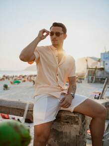 Men's Short Sleeve Shirt With Priest Collar Elegant Casual Party Work - Coral Pink - View 4