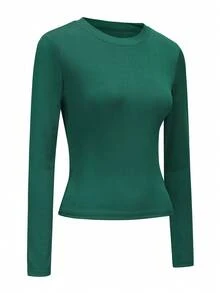 Atasan Lengan Panjang Slim Fit Wanita, Kemeja Lapisan Dasar yang Nyaman dan Elastis untuk Kru - Hijau - View 3