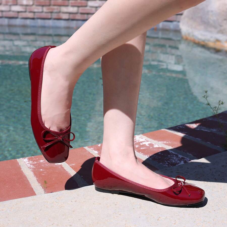 BELOVELY [PIANO-5] Women Ballet Flats Shoes Square Toe Bowknot Slip On Mary Jane Coquette Aesthetic - Màu Đỏ Sâu - Xem 1