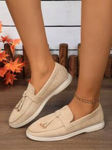 2025新款春秋乐福鞋，女士轻便圆头流苏套脚卡其色休闲鞋，防滑日常休闲鞋 - 卡其色 - 查看 5