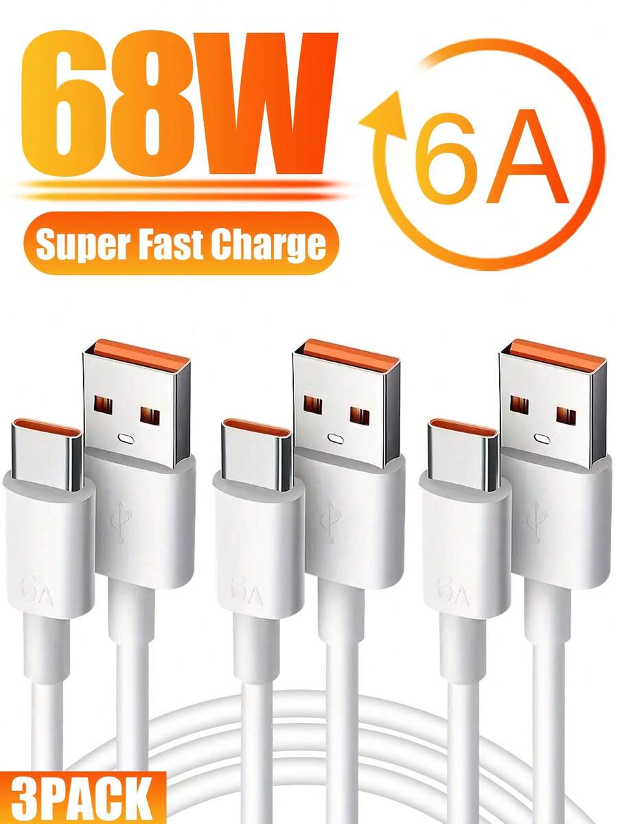 升级版 6A Lightning 快速充电 Type-C 线缆，Android 智能快速充电芯片，自动电流自适应，快速充电而不损坏您的设备；二合一充电和数据传输，内置安全电阻，全程温度控制，防止过热并更好地保护您的设备；高强度 TPE 材质，抗断裂、抗弯曲；兼容华为手机/平板电脑和其他 Type-C 设备。 - 白色3pcs1米 - 查看 1