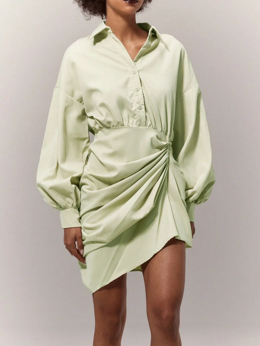 Solid Drop Shoulder Ruched Wrap Hem Shirt Dress