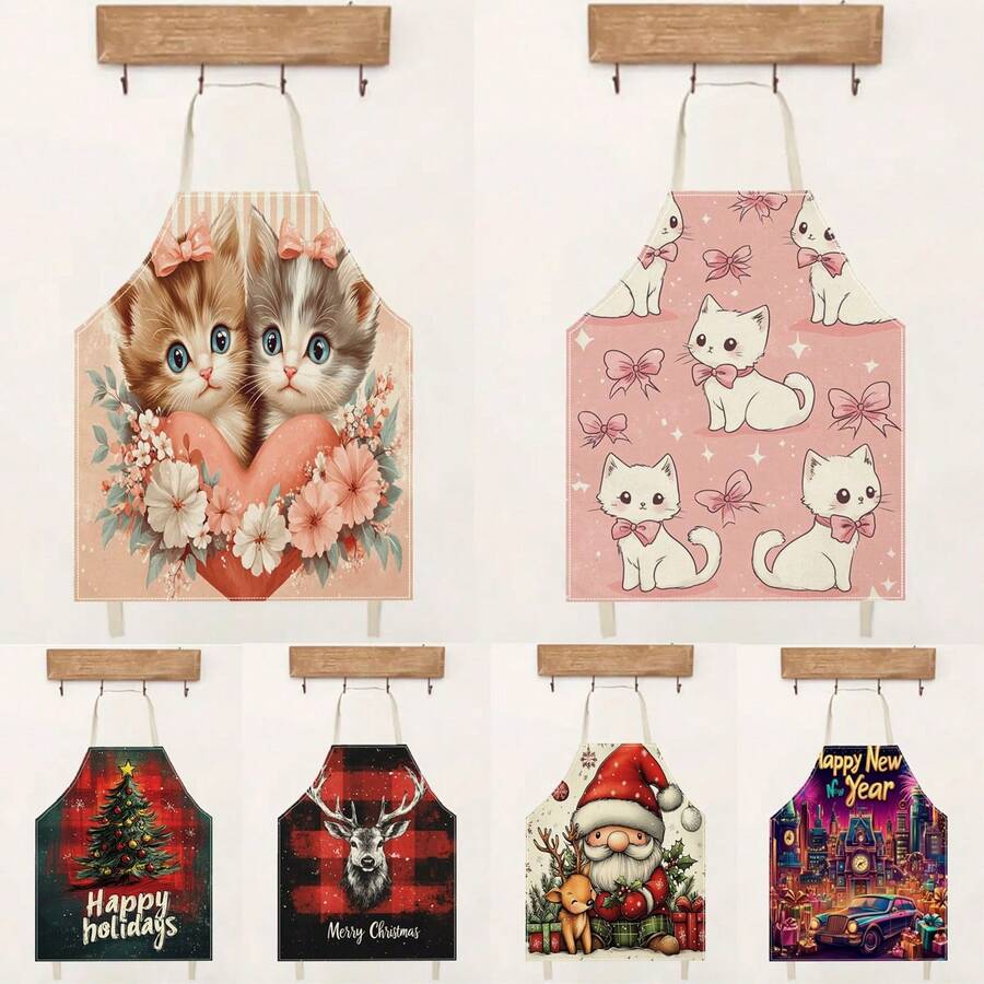 1 件装可爱猫心圣诞快乐新年快乐 3D 图案亚麻围裙,适合家庭烹饪、厨房穿着和烹饪爱好者 - 彩色 - 查看 1